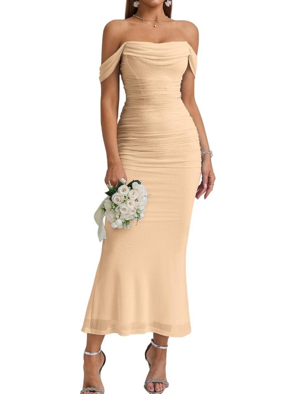 Women's Beige Corset Ruched Off The Shoulder Bodycon Cocktail Maxi Dress